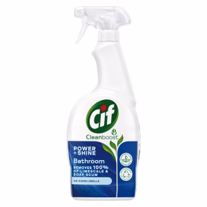 Cif Power & Shine Bathroom cleaner spray 700 ml bottle – blue and white trigger bottle with Cif logo, designed to remove soap scum and limescale from bathroom surfaces.