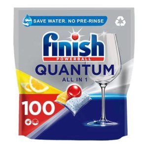 Finish Powerball Quantum 100 dishwasher tablets pack – three-chamber tablet (powder, gel, shine–boosting Powerball) in sleek black box with 100-count label