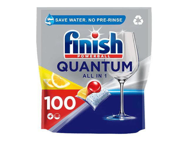 Finish Powerball Quantum 100 dishwasher tablets pack – three-chamber tablet (powder, gel, shine–boosting Powerball) in sleek black box with 100-count label
