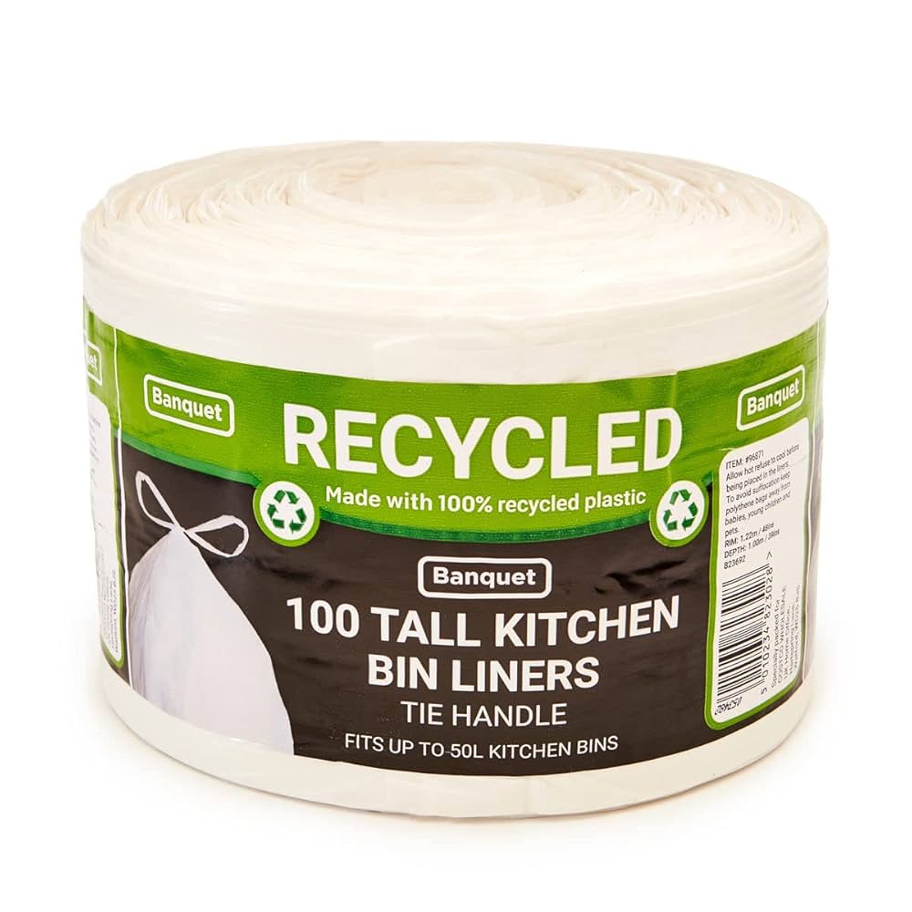 Recycled Bin Liners 100 Pack 50L / 13 Gallon eco-friendly bin bags in bulk packaging